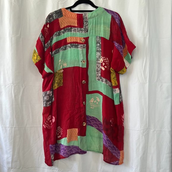 Citron Red Multicolor Patchwork Pattern Short Sleeve Tunic Sz L - Picture 6 of 11